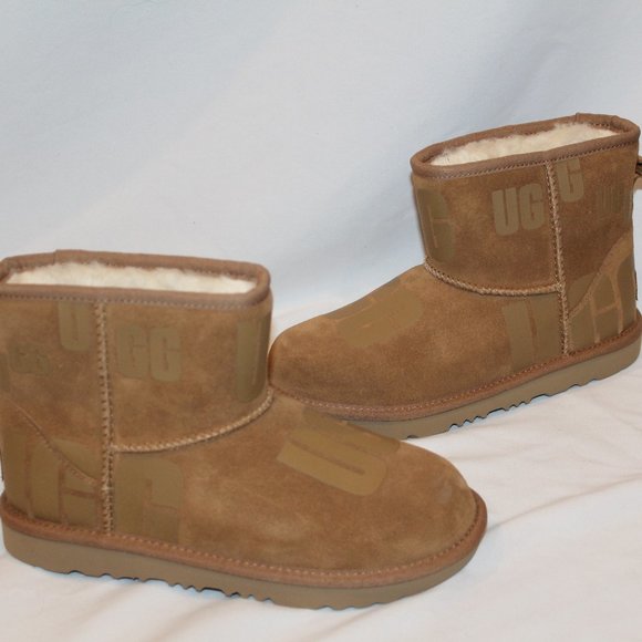 NIB UGG YOUTH 4 5 6 WOMENS 6‎ 7 8 MINI LOGO SUEDE SHEARLING LINED ANKLE BOOTS - Picture 2 of 8